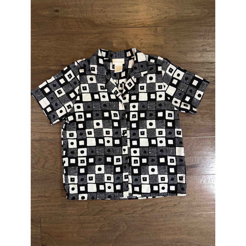 Christie & Jill Womens Medium Black White Geometric Button Up Short Sleeve Shirt